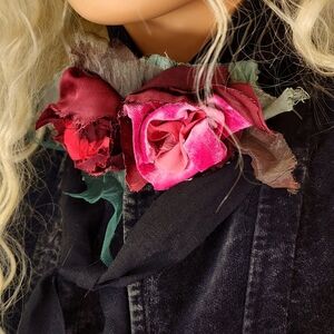 Romantic Edwardian  Jabot Boho Shabby Flower/Pink Magnolia/Rose Linen Velvet